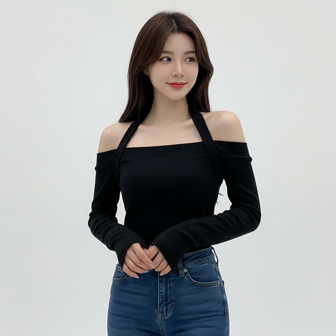 Marketpia 女款掛脖長袖露肩T恤