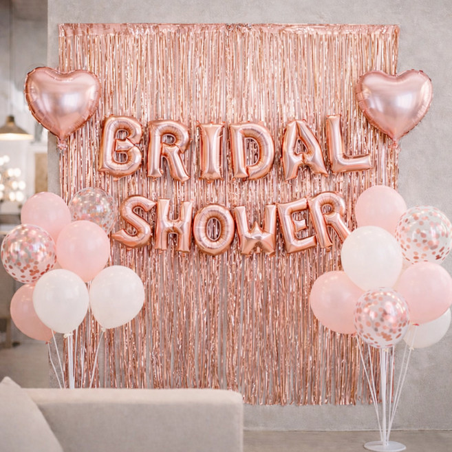 라이크 브라이덜샤워 파티풍선 세트, 로즈골드(은박풍선), 로즈골드(파티커튼), 1세트