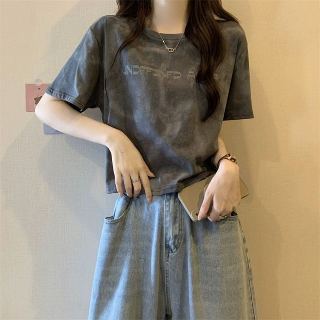 아이엠몽 여성용 오버핏 라운드넥 나염 워싱 반팔 티셔츠 R6H138