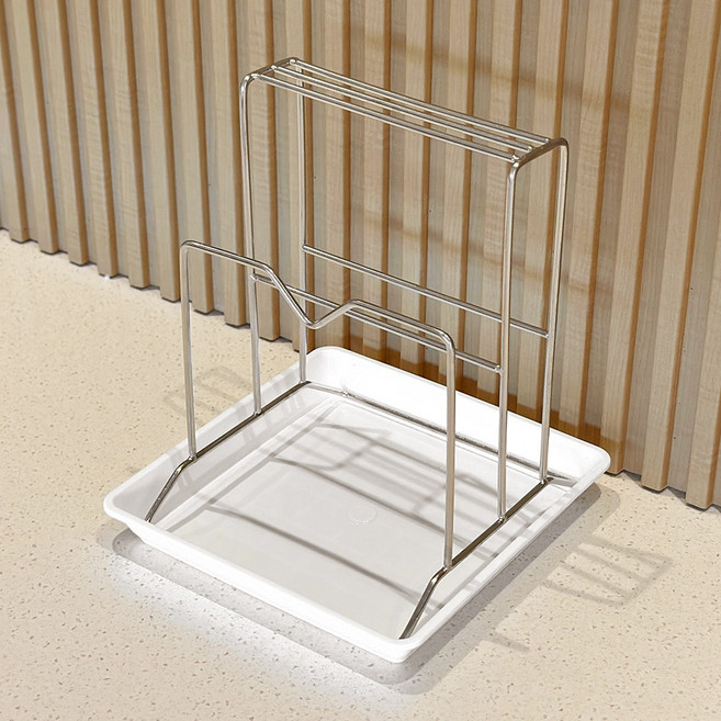 모나코올리브 트리플홀더 스테인레스 물받이 트레이 포함 도마 칼 뚜껑 거치대, 1개, 실버