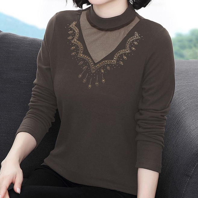 퀸이즈 하프넥 브이라인 시스루 큐빅 소프트 웜 티셔츠