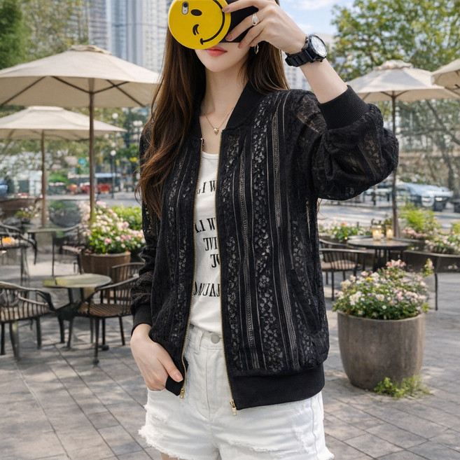 디멜디 여성용 꽃 펀칭 레이스 시스루 긴팔 노카라 점퍼 자켓