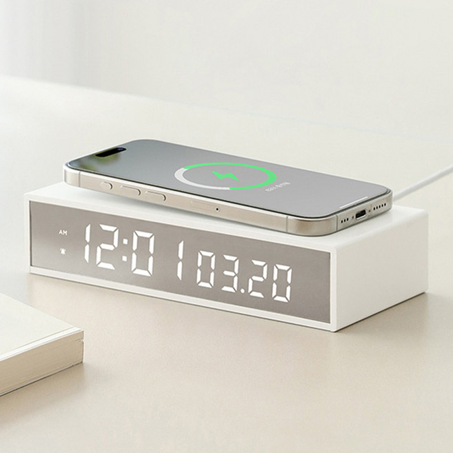 무아스 슬림 엣지 미러 무선충전 알람 디지털 탁상시계 15W, 화이트