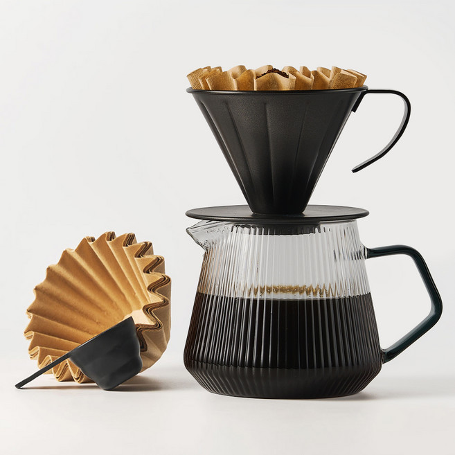 빈플러스 시그니처 스타터 입문 커피 핸드드립 세트, 1세트, 블랙드리퍼 + 플리츠서버 + 웨이브필터, 600ml