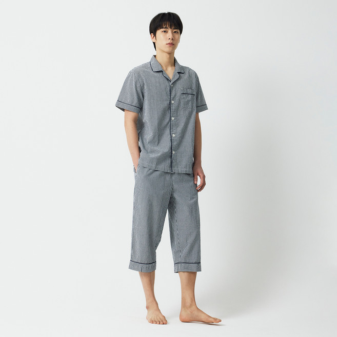 JAJU 남성용 코튼 시어서커 7부 파자마 세트