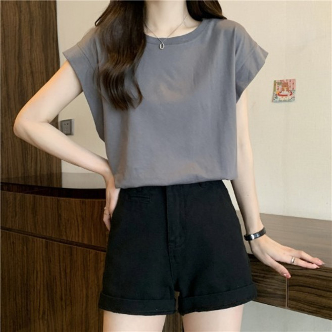 더플로우커머스 여성용 날개소매 루즈핏 베이직 반팔 티셔츠