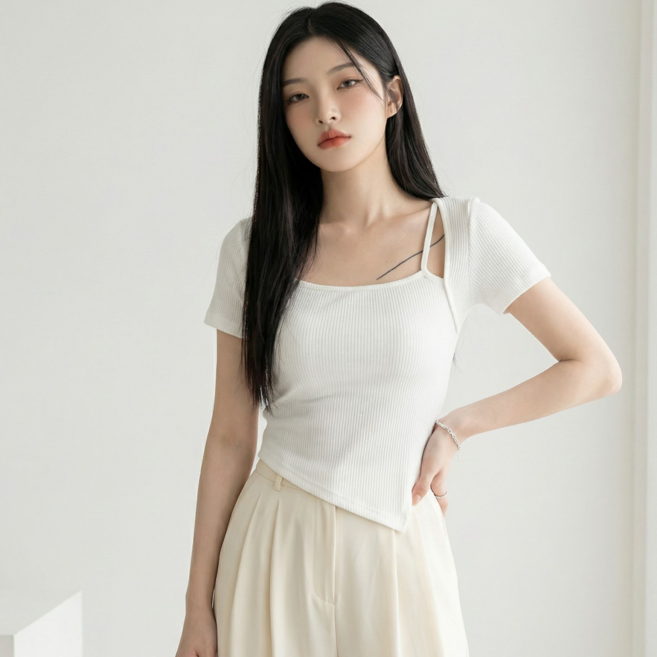 구디프 여성용 레이어드 숄더스트랩 스퀘어넥 슬림핏 반팔 티셔츠