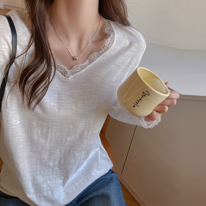 디멜디 여성용 데일리 레이스 브이넥 긴팔 티셔츠