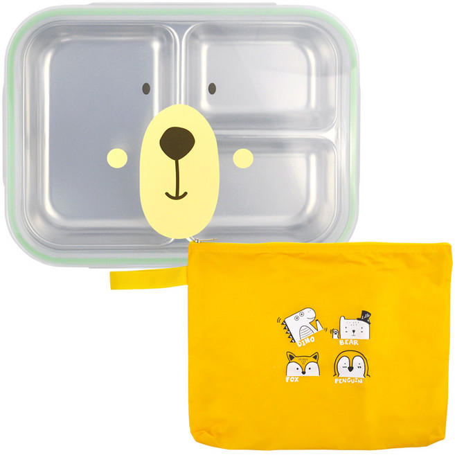 베어 스텐 3칸 식판 가방 도시락, 실버 + 그린 + 옐로우, 식판 + 뚜껑 + 식판가방