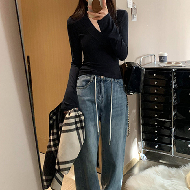 레몬소울 여성용 가를 어깨 패드 브이넥 티셔츠 07944