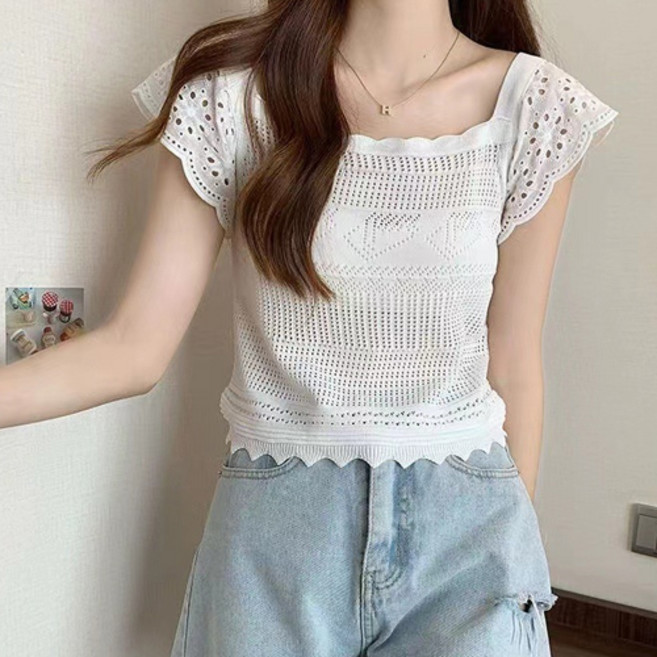 더플로우커머스 여성용 스퀘어넥 레이스 슬림핏 니트 티셔츠