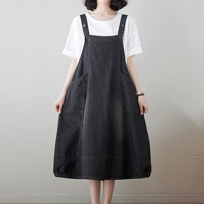 퀸이즈 여성용 A라인 오버핏 데님 멜빵 롱원피스