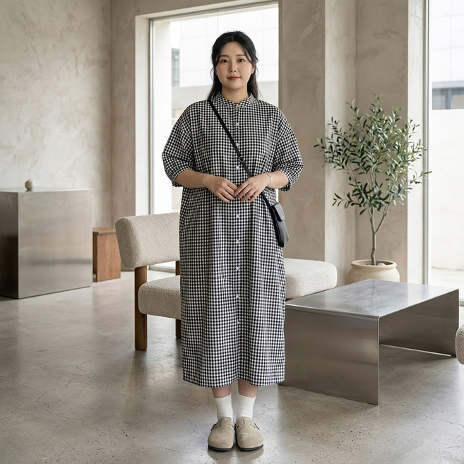 MarketA 女款格紋大尺碼短袖長洋裝 M263-0721B, 黑色
