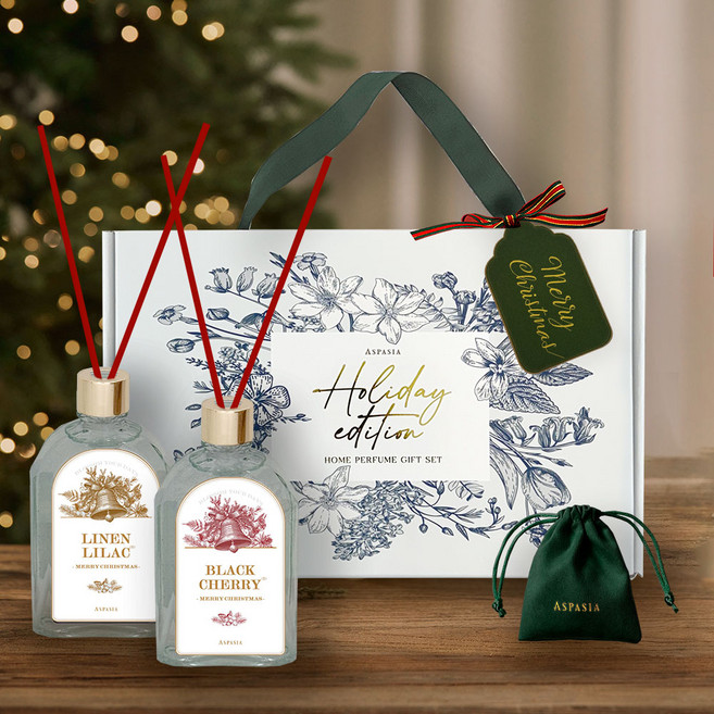 아스파시아 크리스마스 에디션 디퓨저 200ml x 2p + 미니샤쉐 10g 선물세트, 1세트, 린넨라일락, 블랙체리