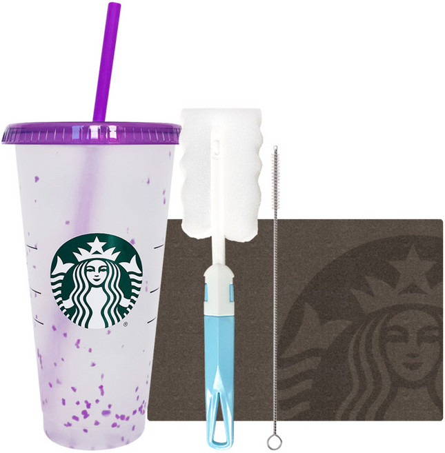 STARBUCKS 星巴克 夏季派對彩紙變色可重複使用冷飲杯 + 清潔刷禮物套組, 紫色(冷飲杯), 隨機發貨(清潔刷), 710ml, 1個