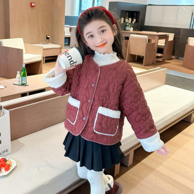 오렌지다몸 여아용 노카라 하트 세잎 패턴 퀼팅 자켓