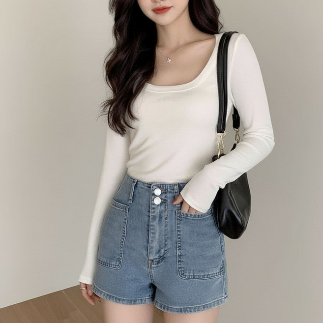 언헤브여성용스퀘어넥슬림티셔츠