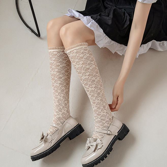 더시럽 여성용 레이스 러플 플로럴 종아리 니삭스