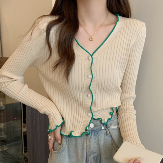 더플로우커머스 여성용 메로우 프릴 브이넥 니트 크롭 슬림핏 가디건