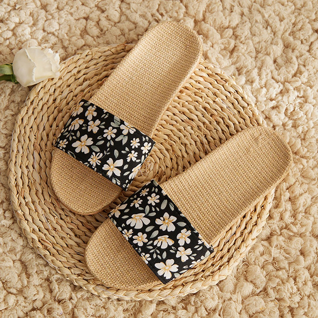 BonBon naturel 女款花卉甜美質感透氣亞麻涼拖鞋, 黑色, 1雙