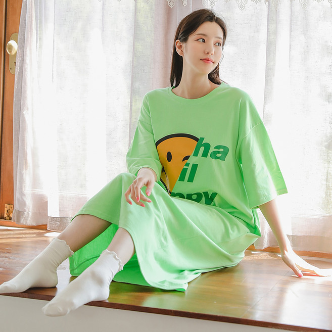글램공감 여성용 통기성 순면 해피스마일 롱 원피스 잠옷