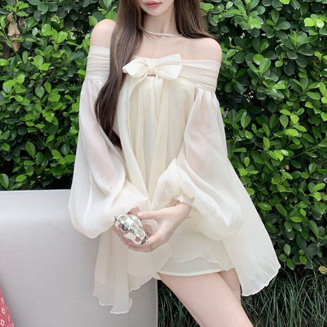 MarketA 女款大蝴蝶結雪紡露肩透視迷你連身裙, 象牙白