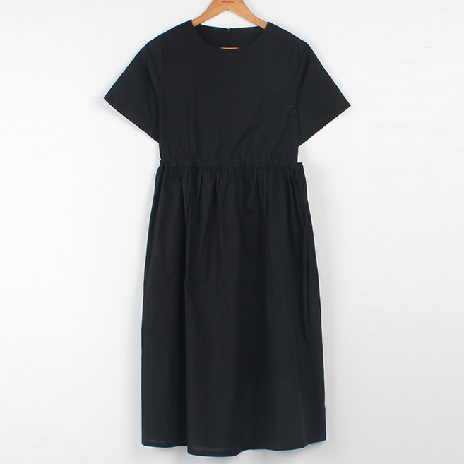 빼빼 여성용 통기성 린넨터치 리본 셔링 반팔 롱 원피스