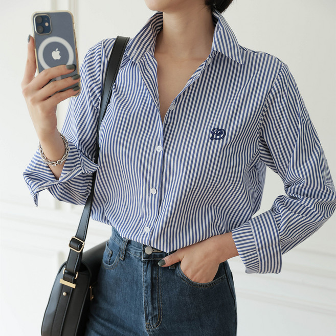 BBAEBBAE 女款翻領愛心刺繡條紋拼色襯衫