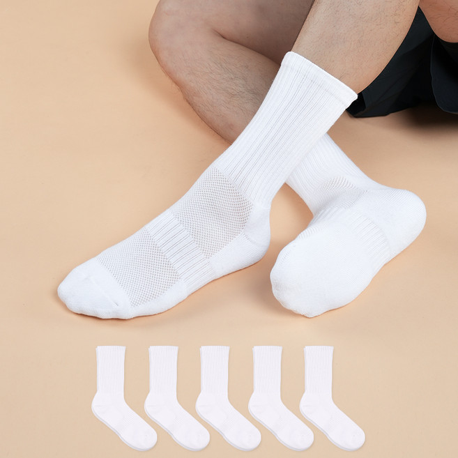 착스 남성용 데오드란트 파워 쿠션 스포티 메쉬 장목 양말, 화이트, 5개