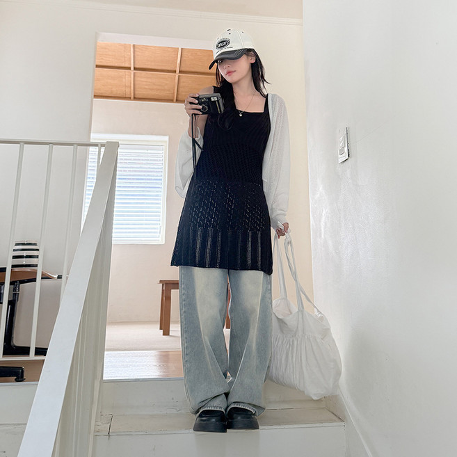 EVELLET Edime 鏤空層次針織連身裙, 黑色