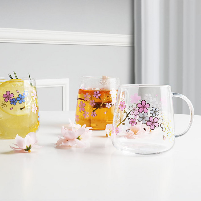 Jinglass Home Cafe耐熱斜面櫻花圖案溫變玻璃杯 400ml, 混色, 4個