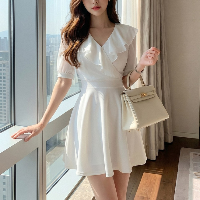 GLAM DIVV Kioring 雪紡荷葉邊V領賓客造型迷你連身裙 AC0146, 白色