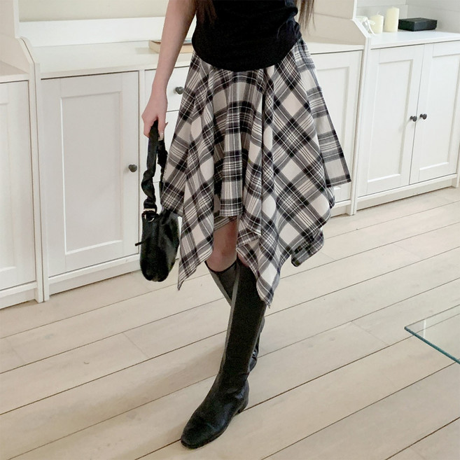시크블랙 코솜수 언발 체크 밴딩 레이어드 미디스커트 cpsk7720k62