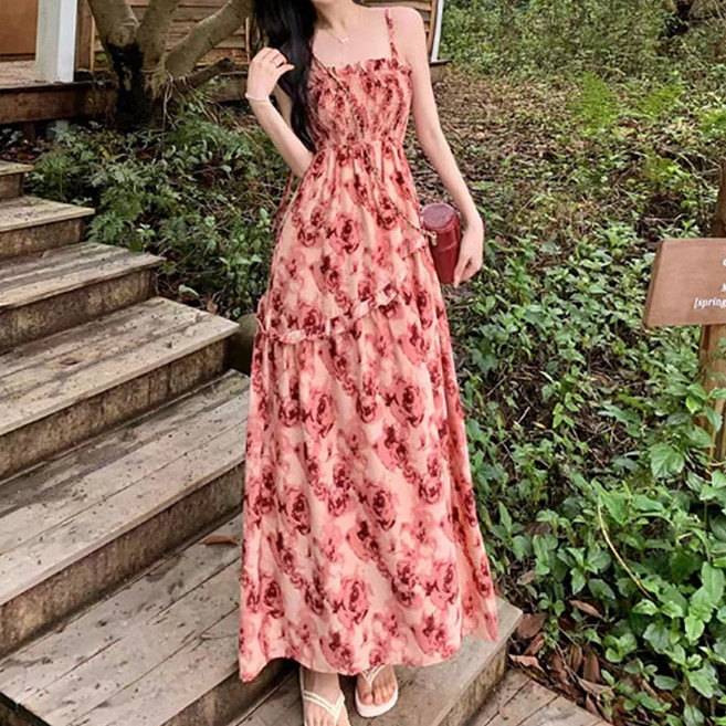 MarketA 荷葉邊玫瑰無袖長版連身裙 A24SS3A0001, 紅色