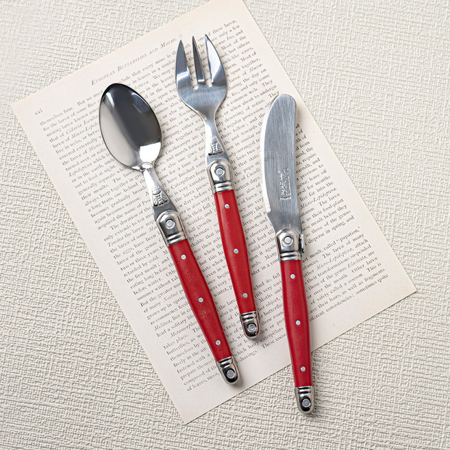 라귀올 디저트 스푼 + 포크 + 나이프 세트, 레드, 1세트, 티스푼 + 케이크포크 + 버터나이프