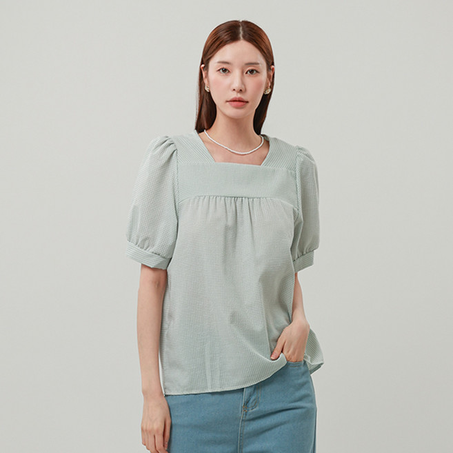 Elsso 格紋泡泡紗方領泡泡袖短袖上衣