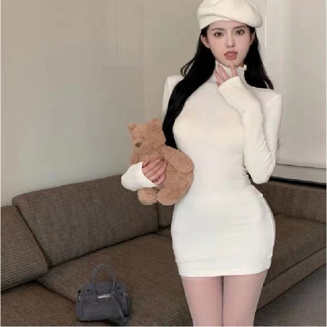 PEONIST 女款修身高領迷你連身裙, 白色