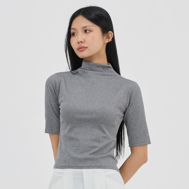 Elsso 女款高彈力羅紋半高領短袖T恤