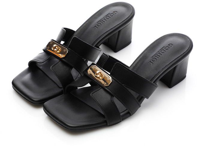 갓슈 여성용 뱅글락킹 금장비조 수제 미들힐 뮬 5cm