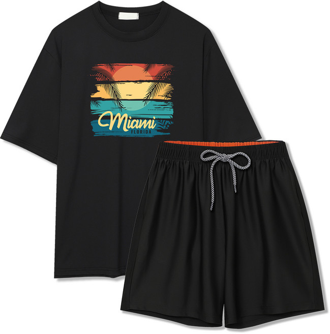 일루소 마이애미 오버핏 반팔 래쉬가드 + 4부 스판 비치 팬츠 세트