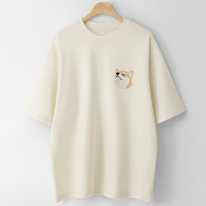 M.N.C 迷你柴犬印花 短袖T恤 MDVT688IN, 奶油色