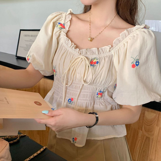 마켓에이 여성용 엔비 플라워 패턴 반팔 플라우스