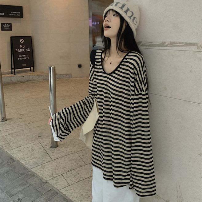 디멜디 여성용 브이넥 스트라이프 루즈핏 긴팔 티셔츠