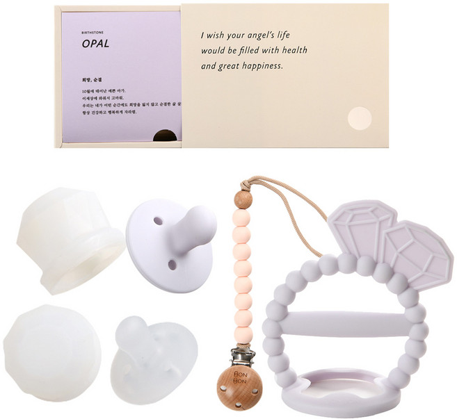 데일리라이크 봉봉 탄생석 노리개 젖꼭지 치발기 세트, 10월 오팔, 2단계(4개월이상), 1세트