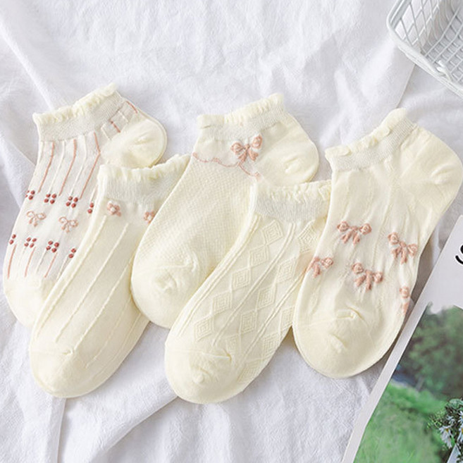워더미 여성용 봄 러블리 핑크 리본 프릴 단목 양말 5종 세트 W523