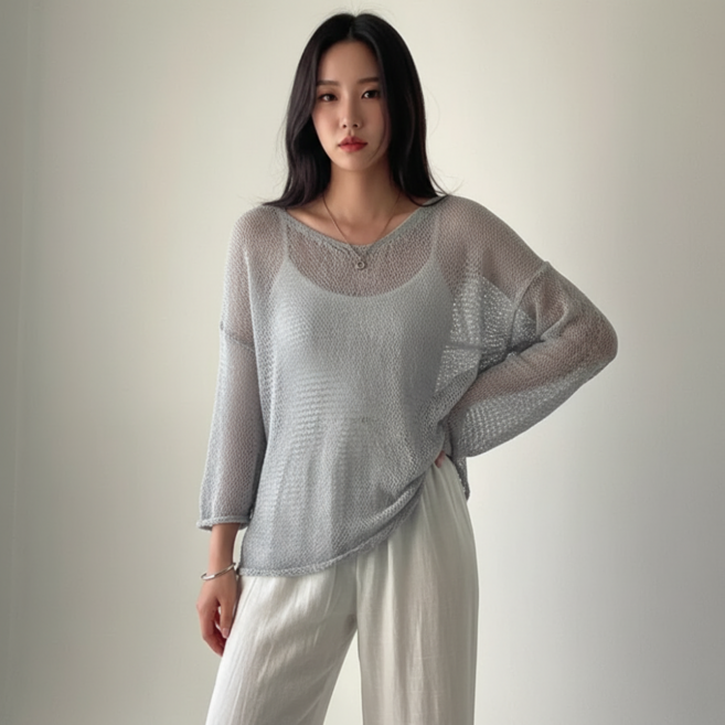 구디프 여성용 브이넥 시스루 루즈핏 긴팔 니트