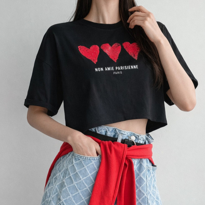 라라온 여성용 면 크롭 하트 레터링 박스 반팔티 26TSP3779