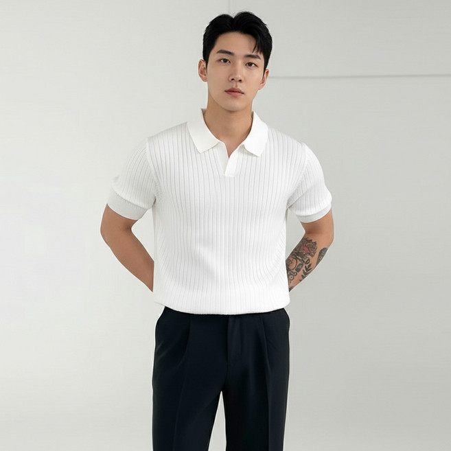 인피어스 남성용 슬림핏 오픈 카라 반팔 니트 I263-117