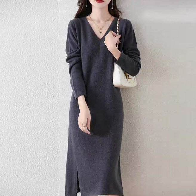 Paperments 摩登V領寬鬆長版針織洋裝 11888, 灰色