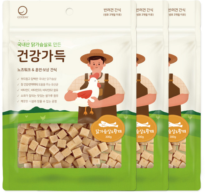 굿데이 건강가득 큐브 강아지 간식, 닭가슴살 + 황태 혼합맛, 300g, 3개